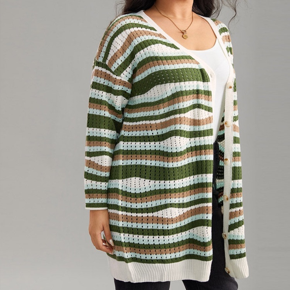 BLOOMCHIC Striped Contrast Button Up Hollow Out Cardigan Size 5X NEW - Picture 13 of 16